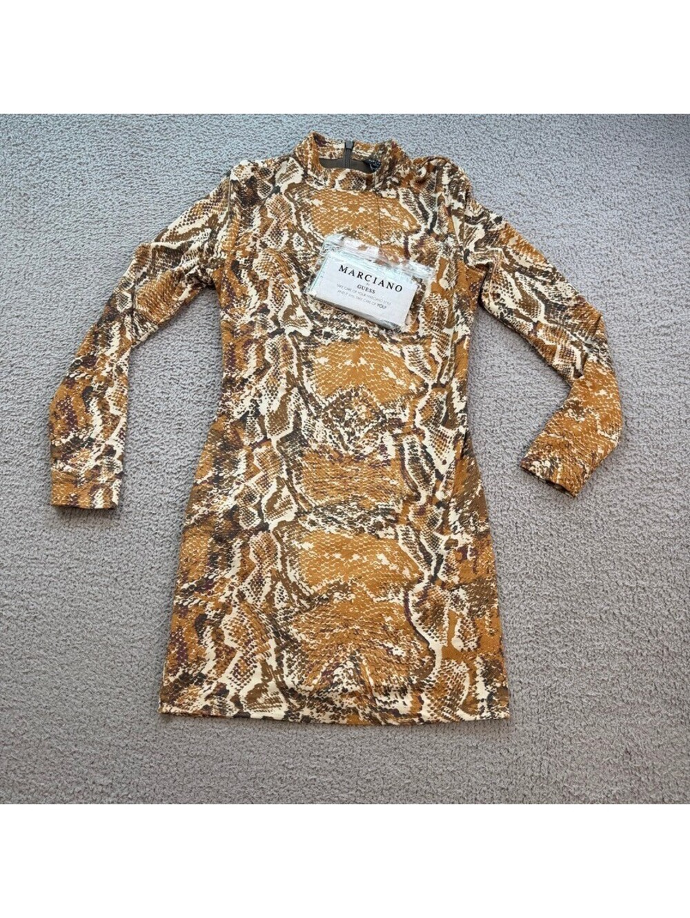 MARCIANO by GUESS Python Print Long-Sleeve Mini Dress Brown Snake Knit 6 NWOT